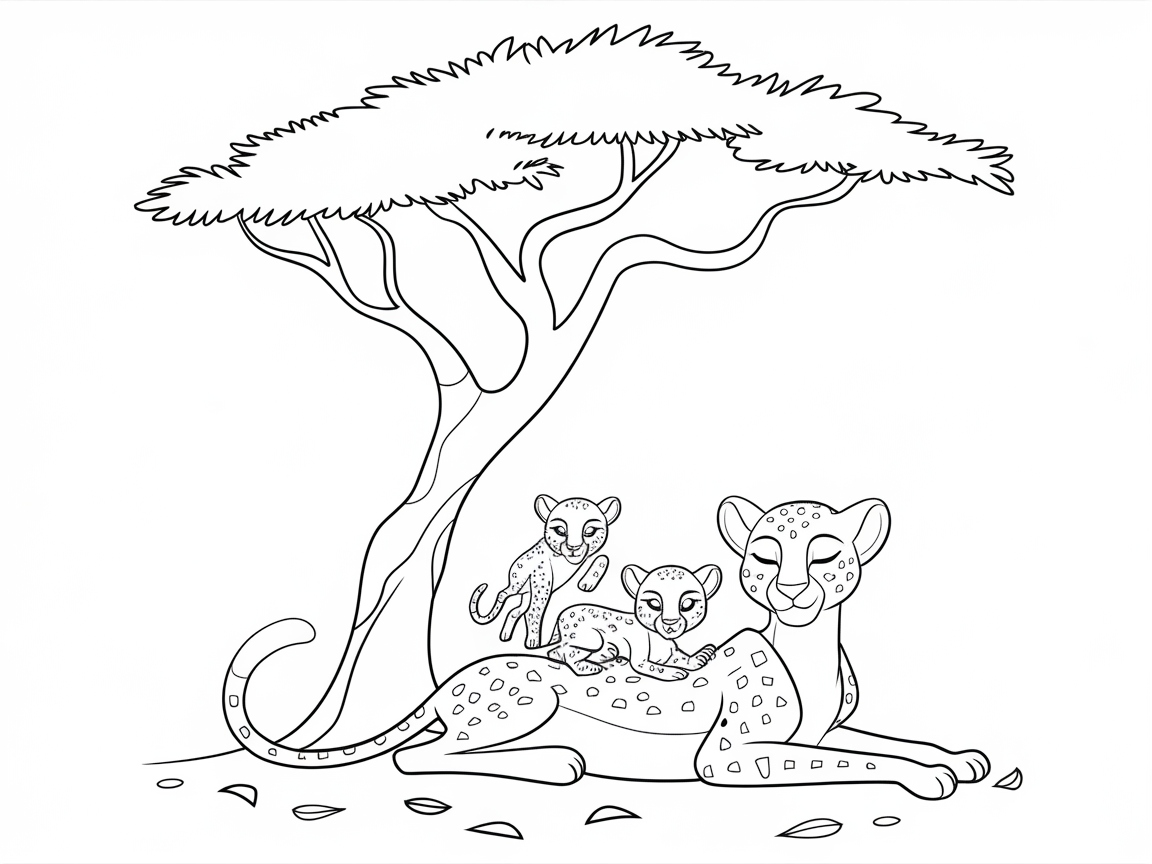 Relaxing Cheetah Family Under a Tree