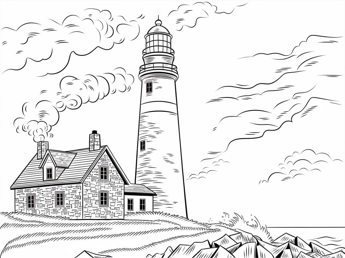 Coastal Lighthouse and Cottage Coloring Page