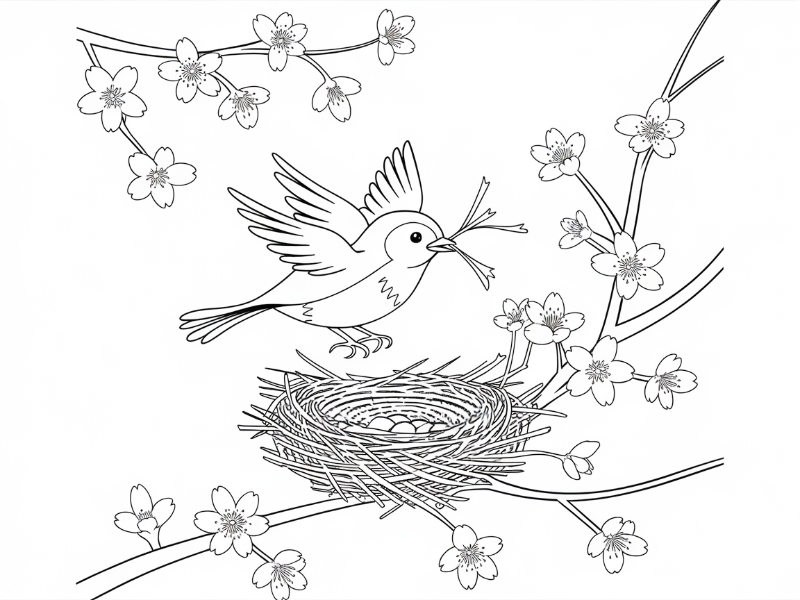 Nesting Songbird in Blooming Branches