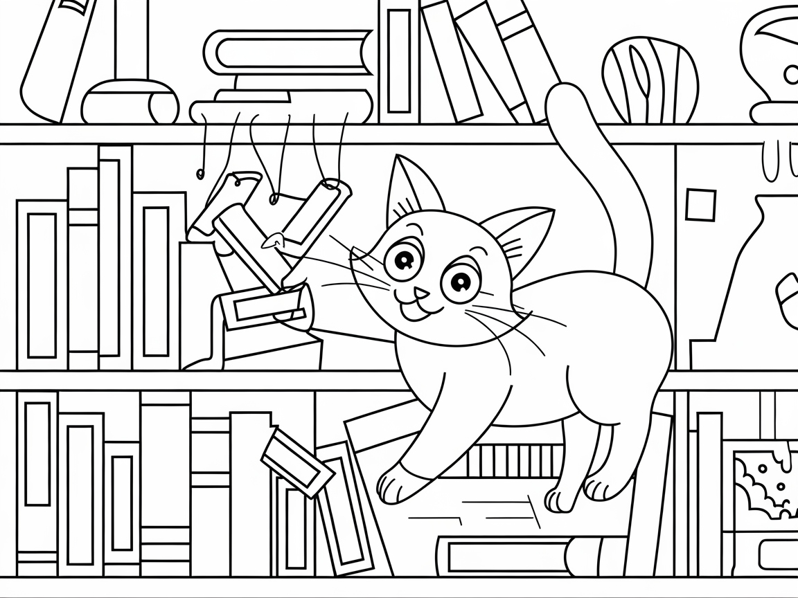 Playful Cat in a Bookshelf Scene