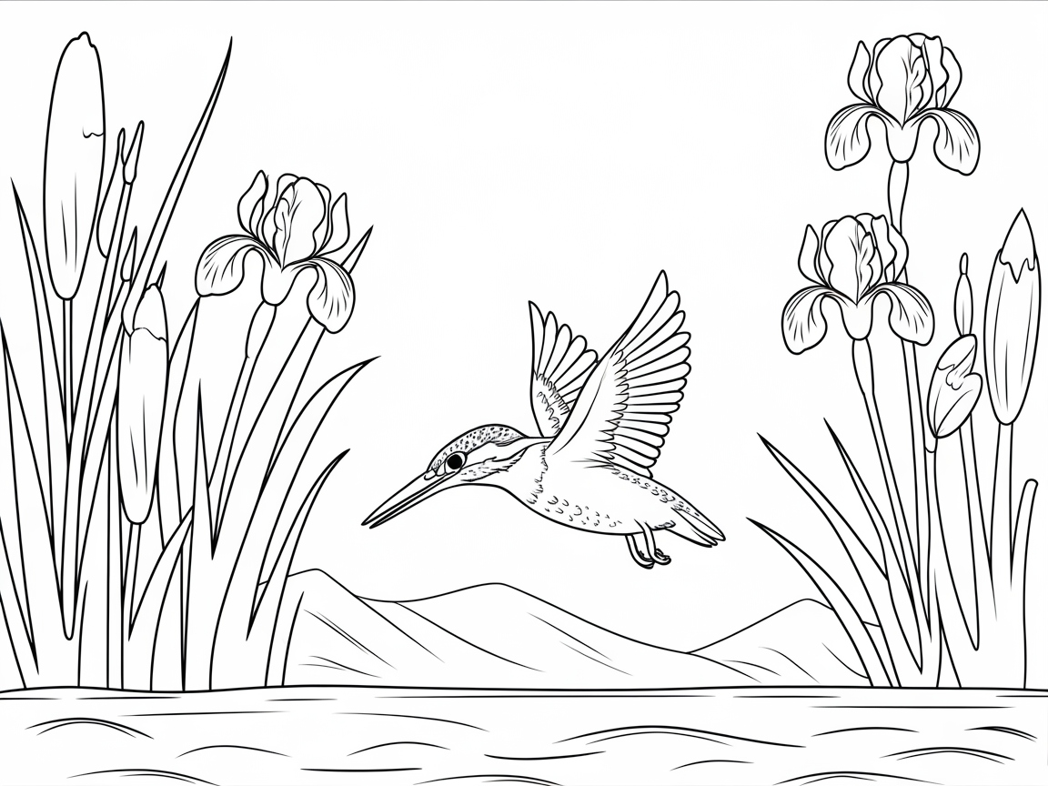 Graceful Kingfisher and Irises by the Water