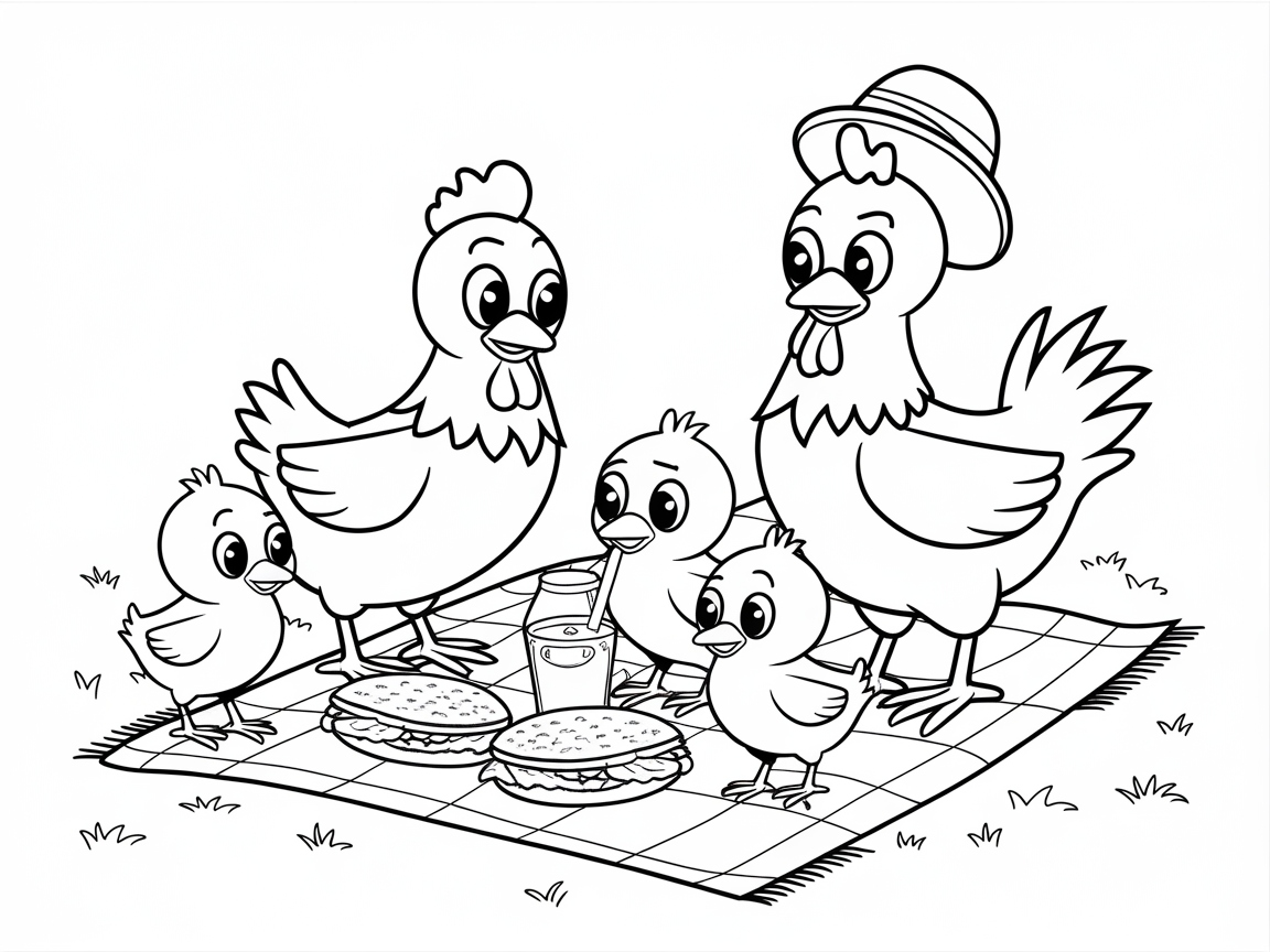 Picnic Time with the Chicken Family Coloring Page