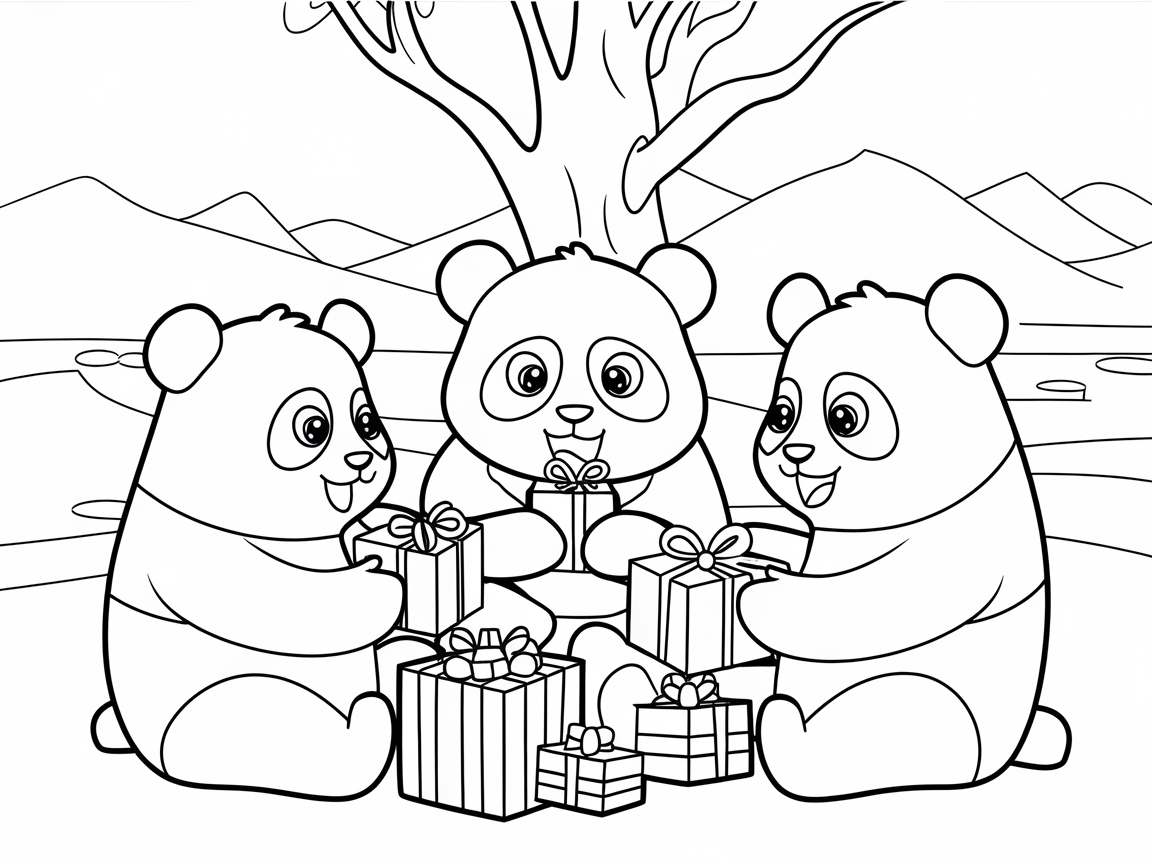 Pandas Having a Gift Exchange Under the Tree