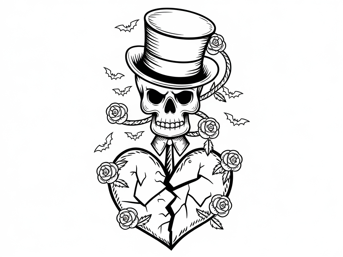 Top Hat Skull with Broken Heart and Bats for Unique Coloring