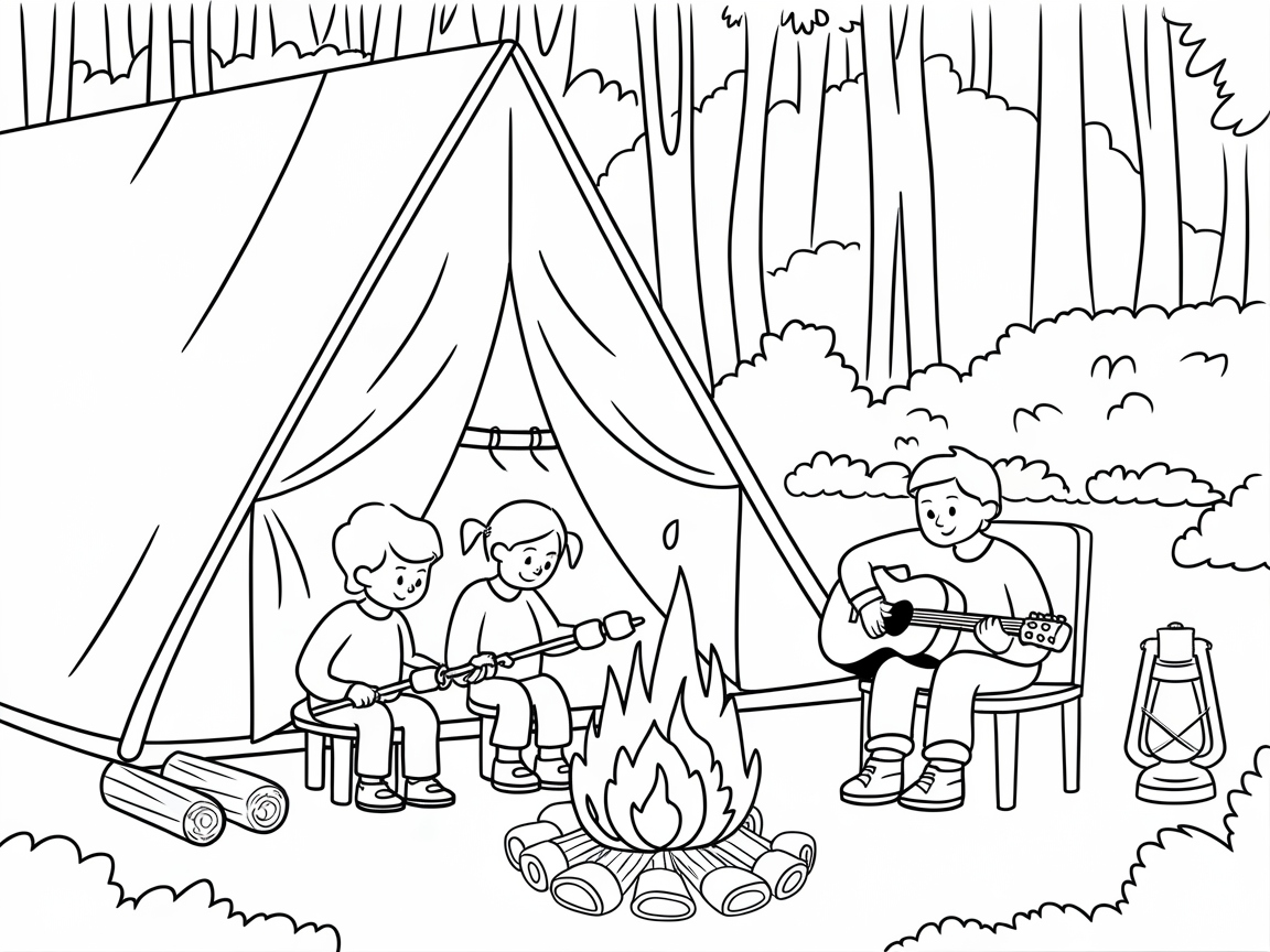 Campfire Fun: Color This Musical Camp Scene