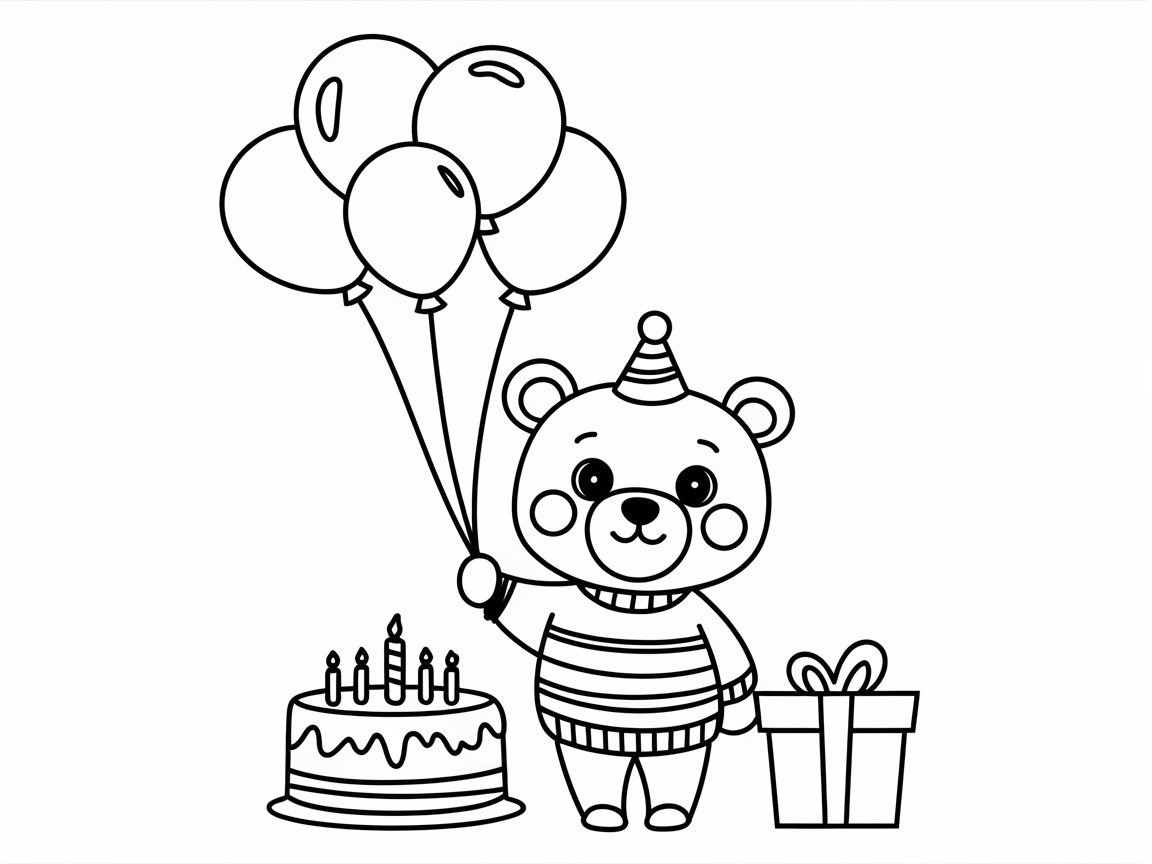 Party Time with a Cheerful Bear and Birthday Balloons