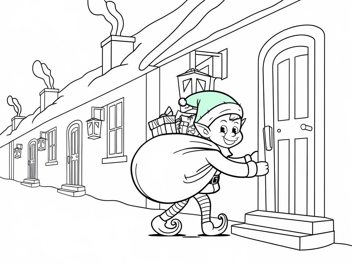 Jolly Elf Delivering Gifts in a Festive Village