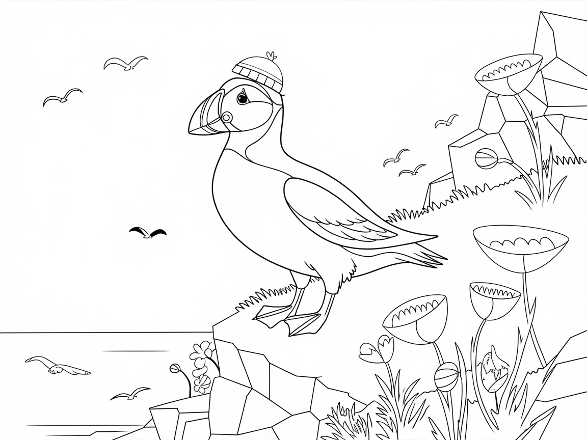 Playful Puffin in a Coastal Scene