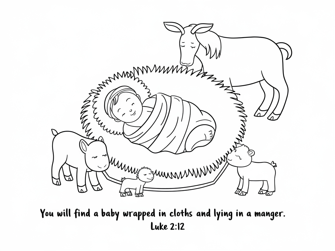 Adorable Manger Coloring Page with Baby Animals