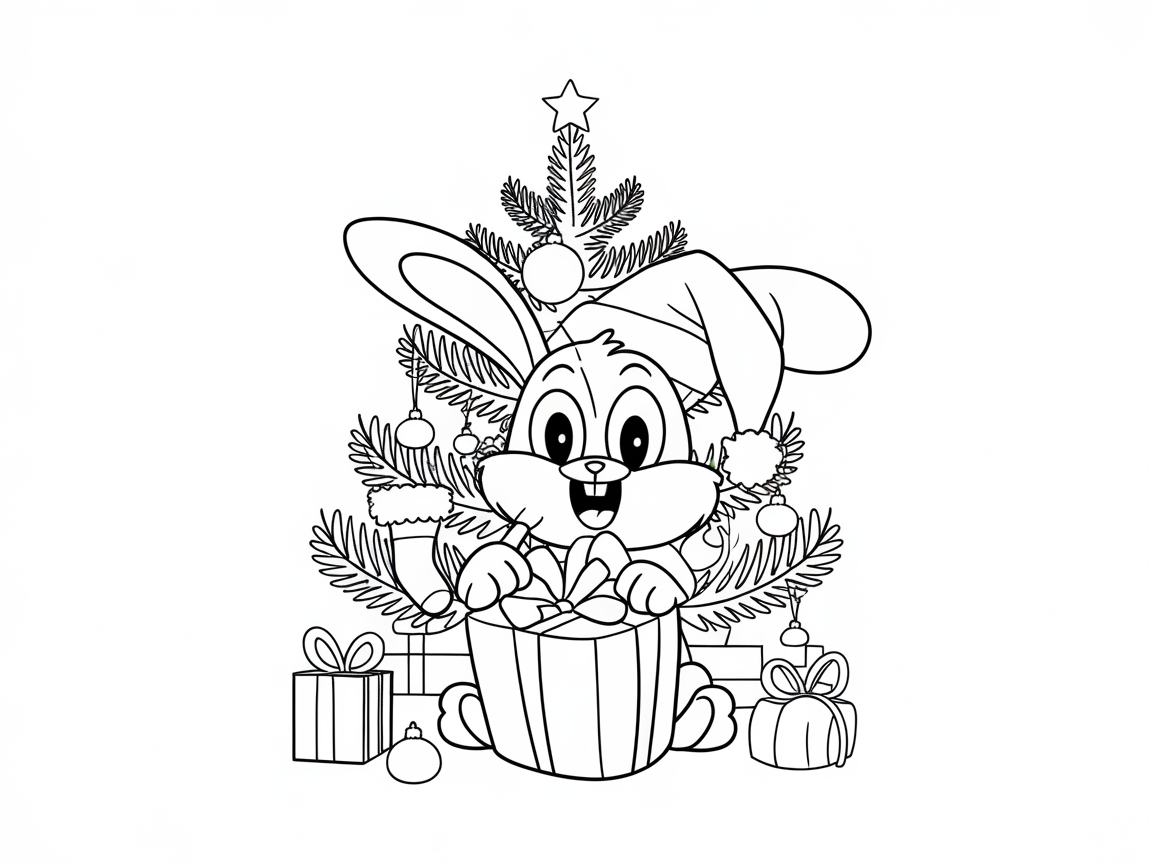 Excited Bunny Unwrapping Gifts by the Christmas Tree