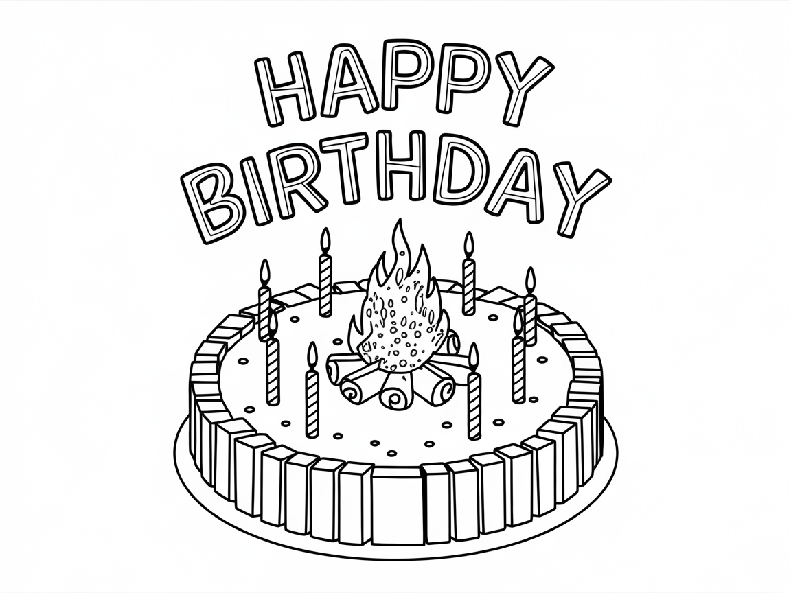 Ignite Creativity with This Campfire Birthday Cake Coloring Page