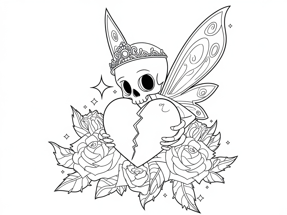 Enchanted Fairy Skull with Broken Heart and Roses for Whimsical Coloring