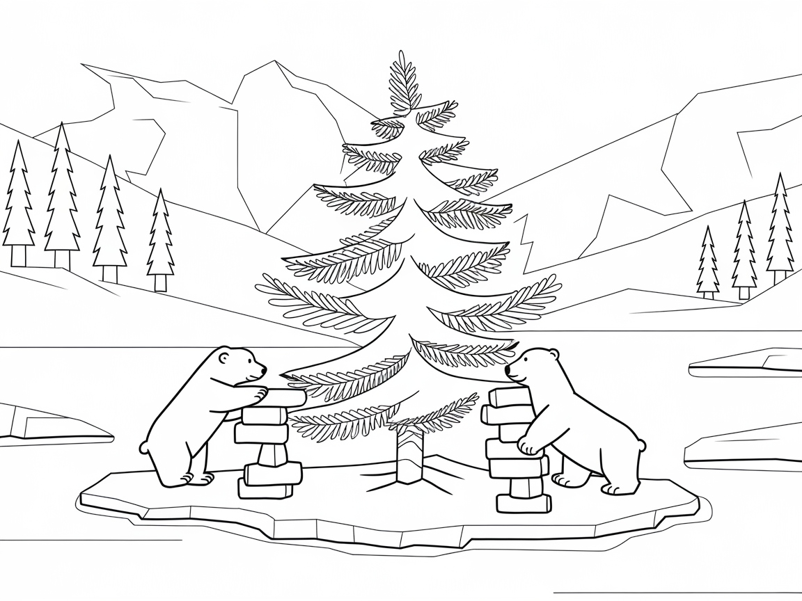 Polar Bears Decorating a Winter Tree