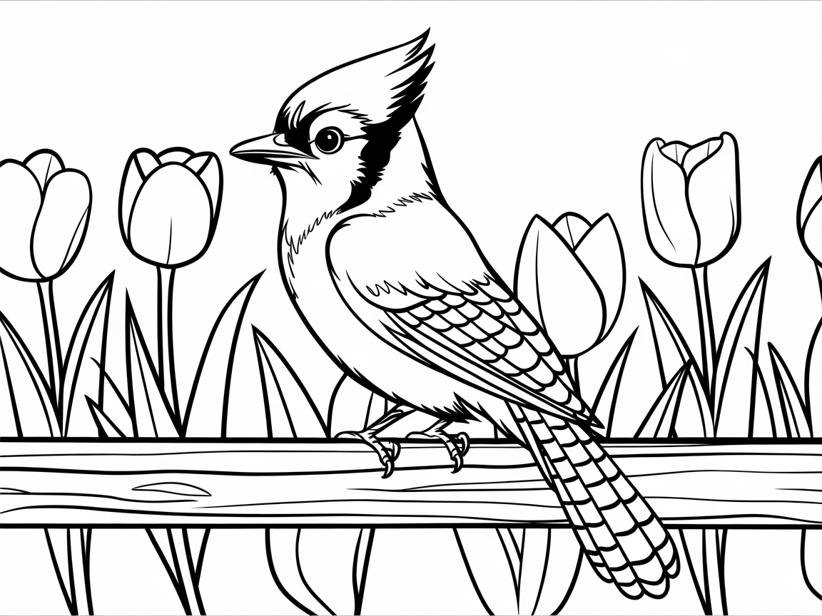 Charming Blue Jay and Tulips