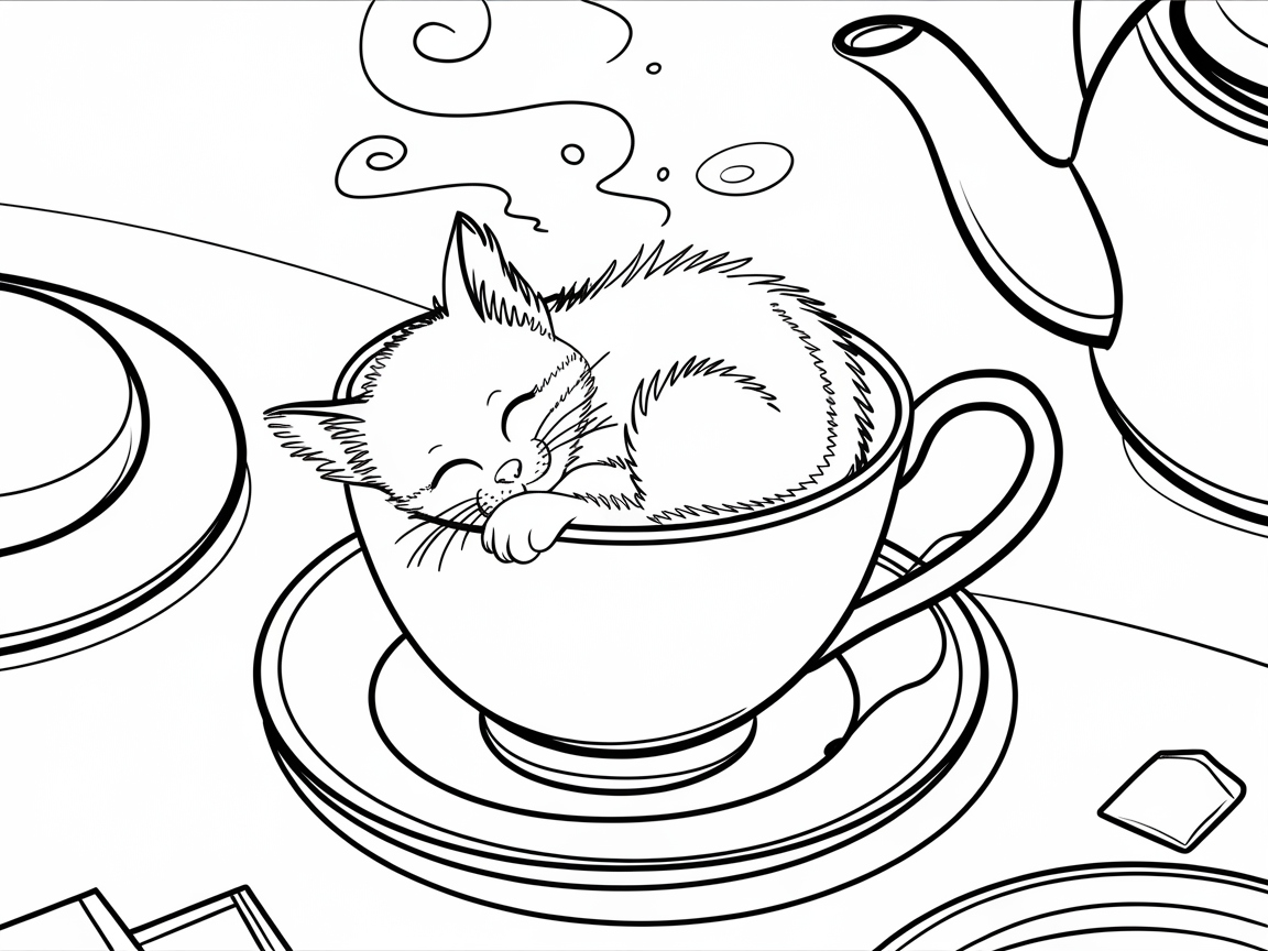 Tea Time Snooze with a Cozy Kitten