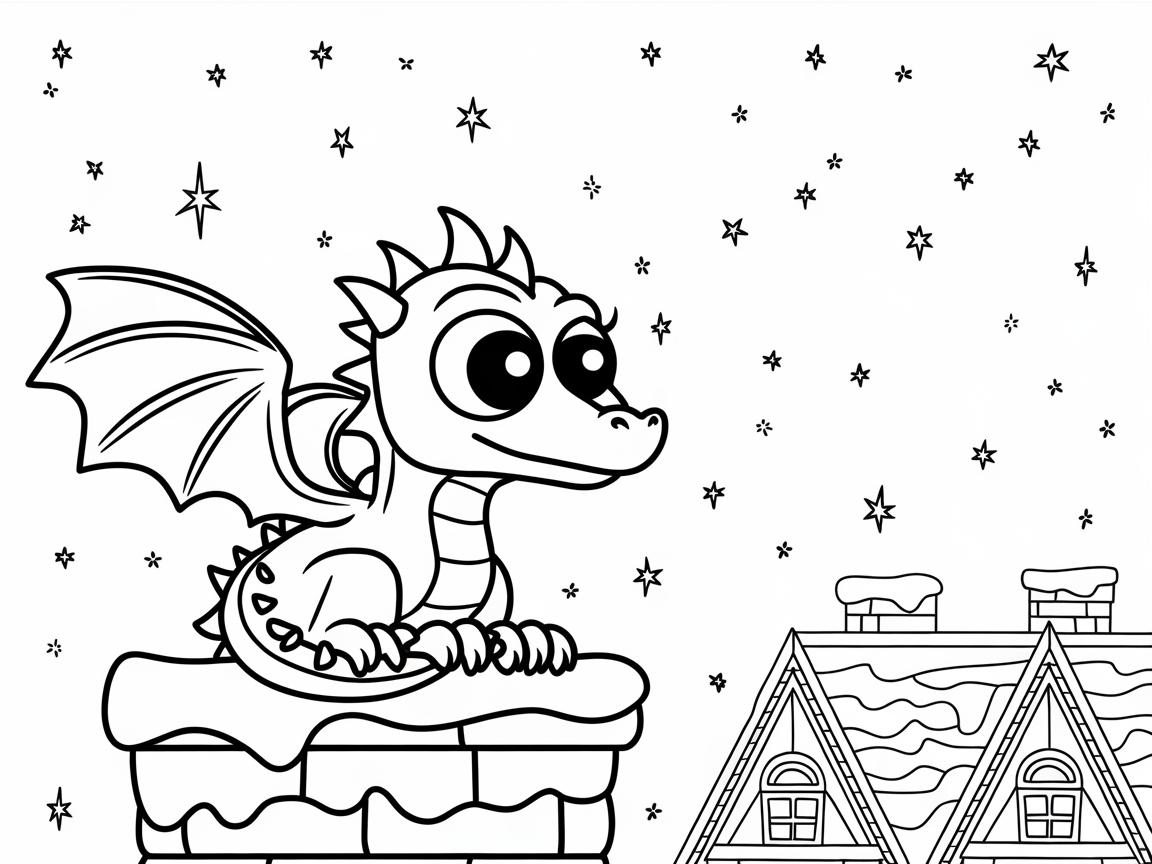 Dragon Perched on a Snowy Rooftop Under Starry Skies