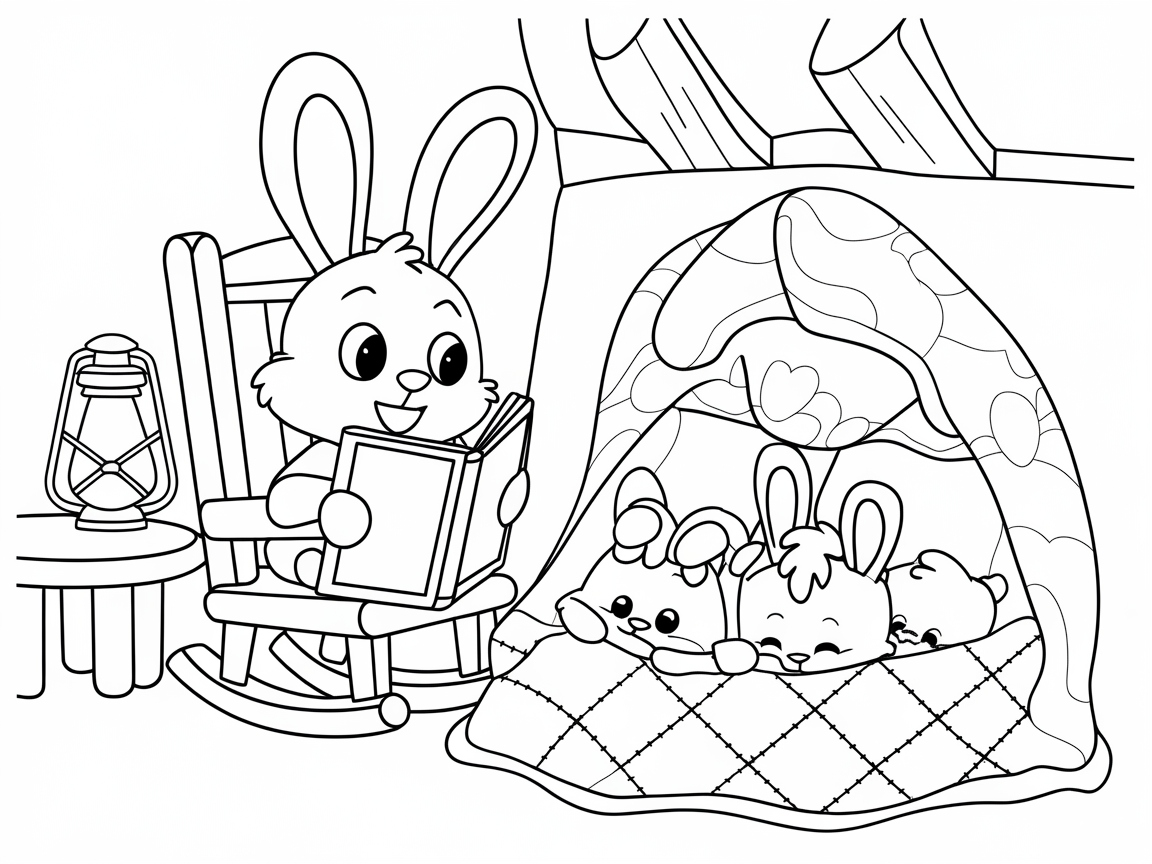 Cozy Bunny Bedtime Story Coloring Page
