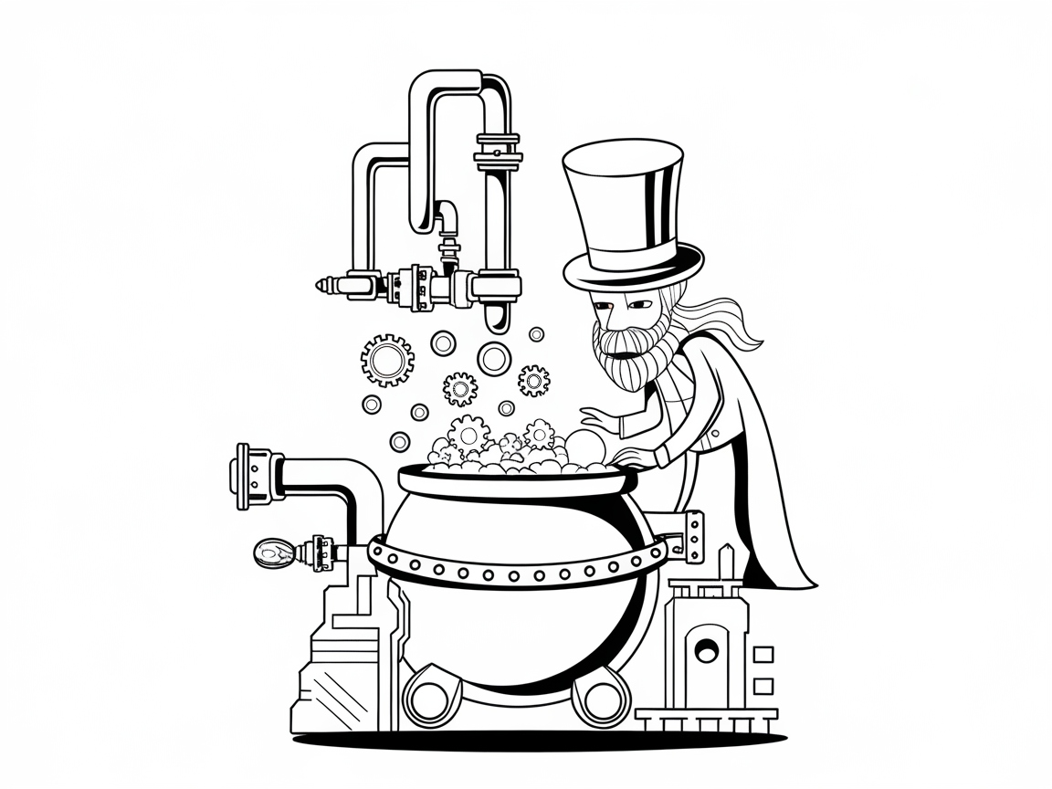 Steampunk Wizard at the Cauldron: A Puzzle of Cogs and Gears