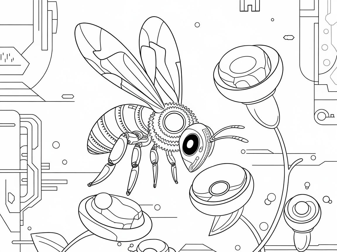 Futuristic Cyber Bee and Robotic Blooms