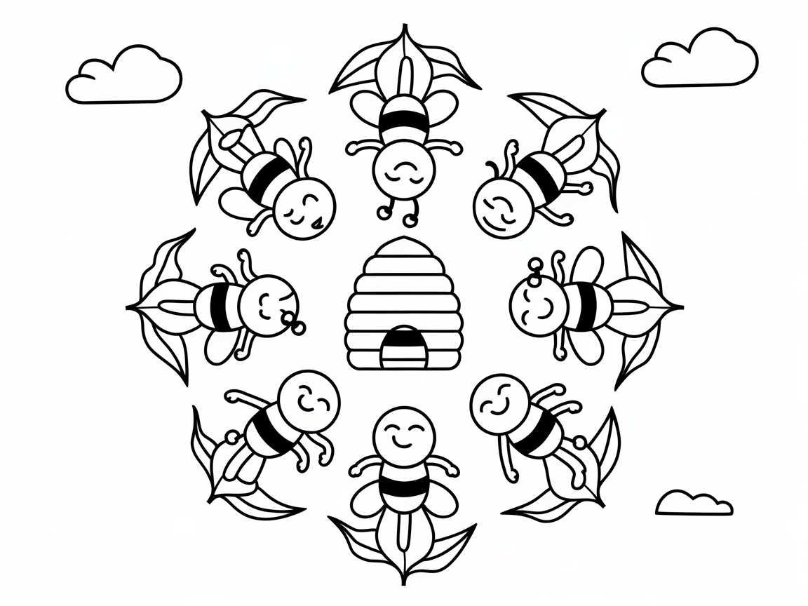 Whimsical Bee Circle Dance Coloring Page