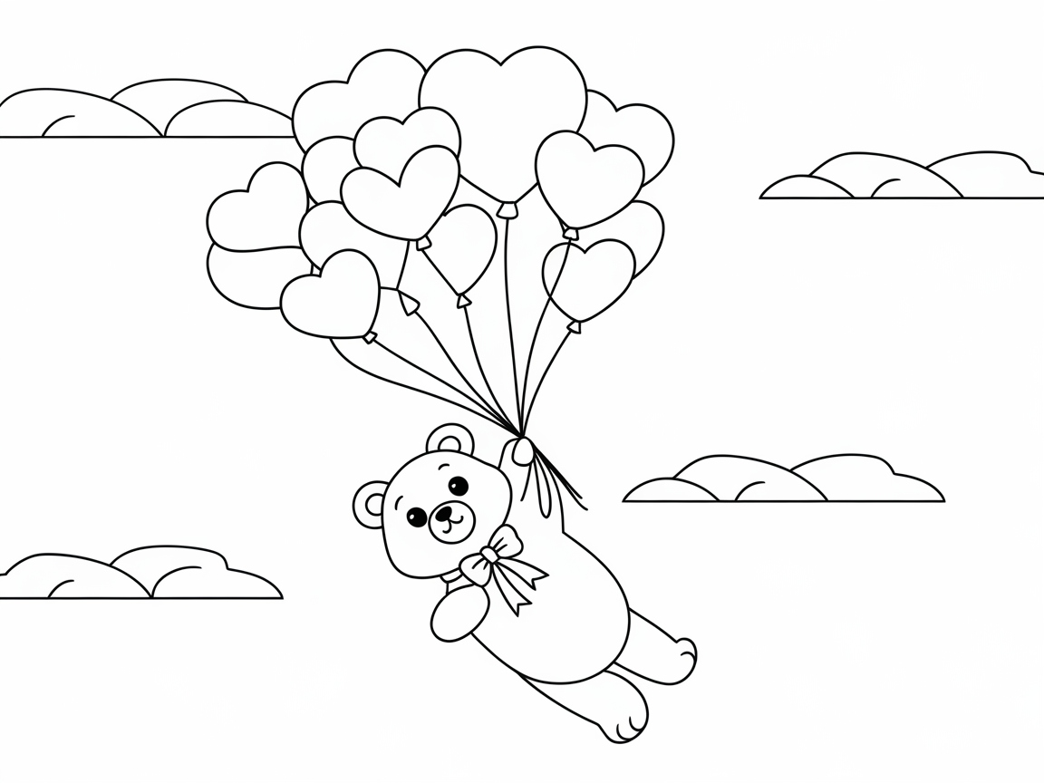 Floating Bear Lifted by Heart Balloons