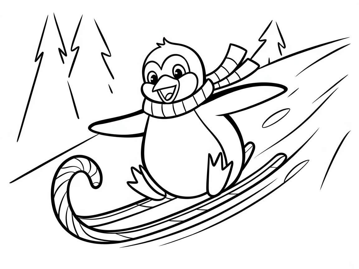 Penguin Sliding on a Candy Cane Sled