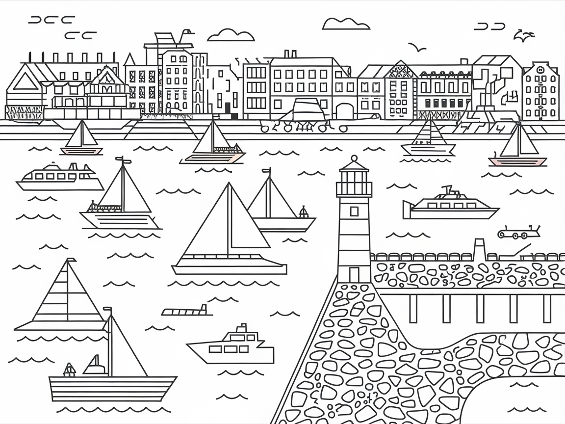 Seaside Harbor with Boats and Lighthouse Awaits Your Colors