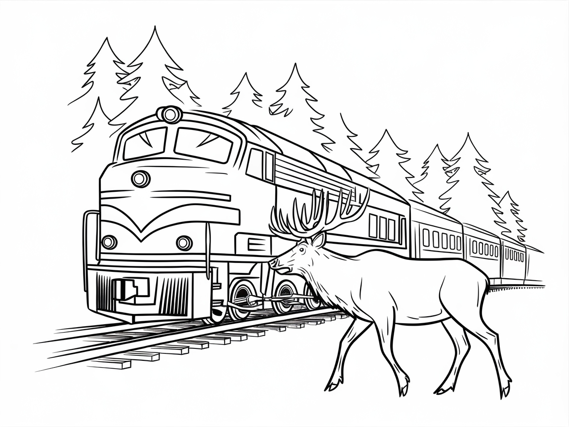 Majestic Train and Elk in the Forest Coloring Page