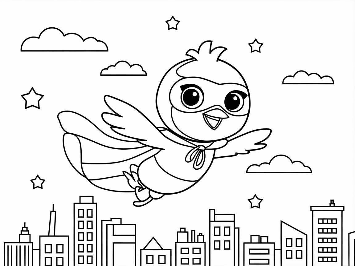 Super Chick Soaring Over the Cityscape