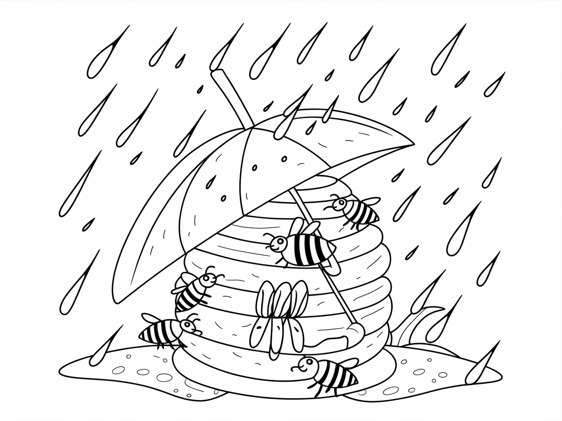 Bees in the Rain Coloring Page