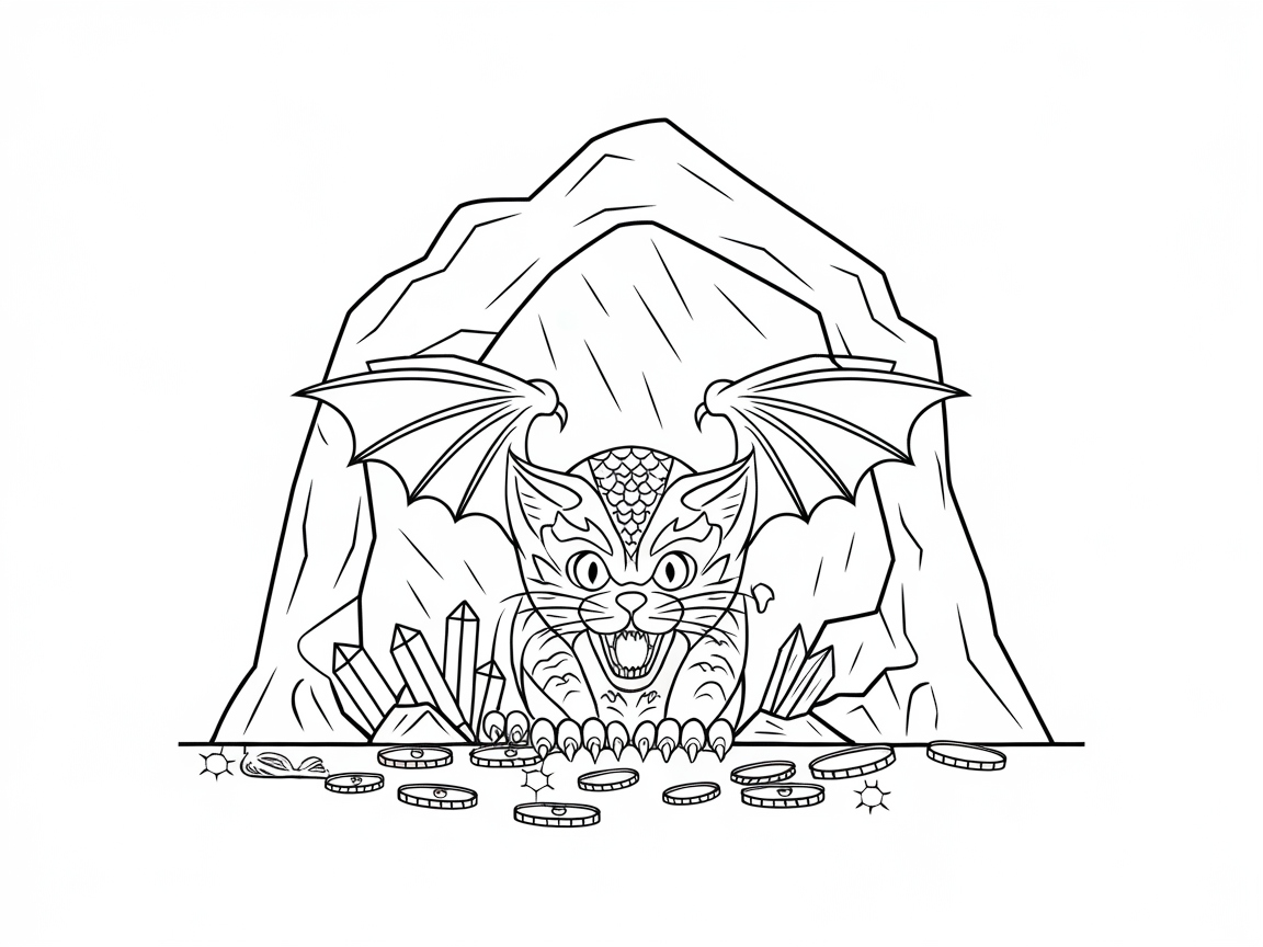 Mystical Dragon-Cat in a Treasure Cave