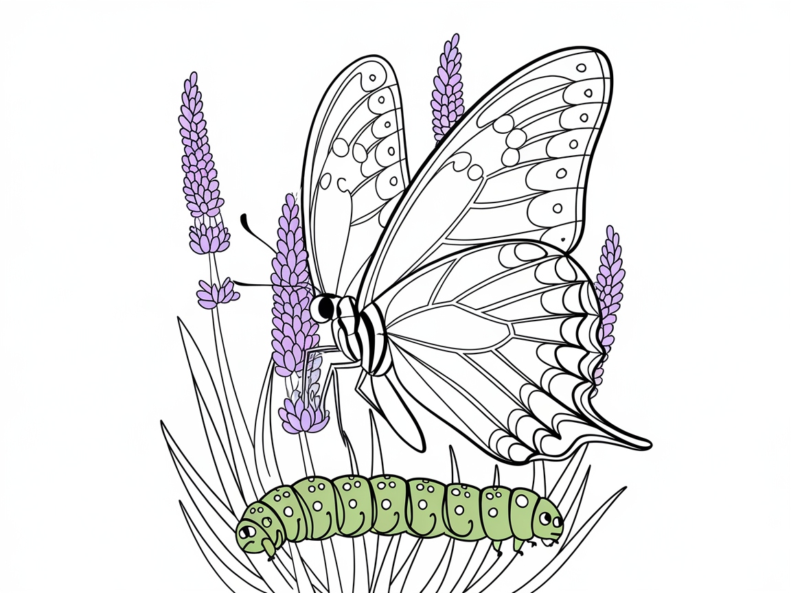 Butterfly and Caterpillar Among Lavender Blooms