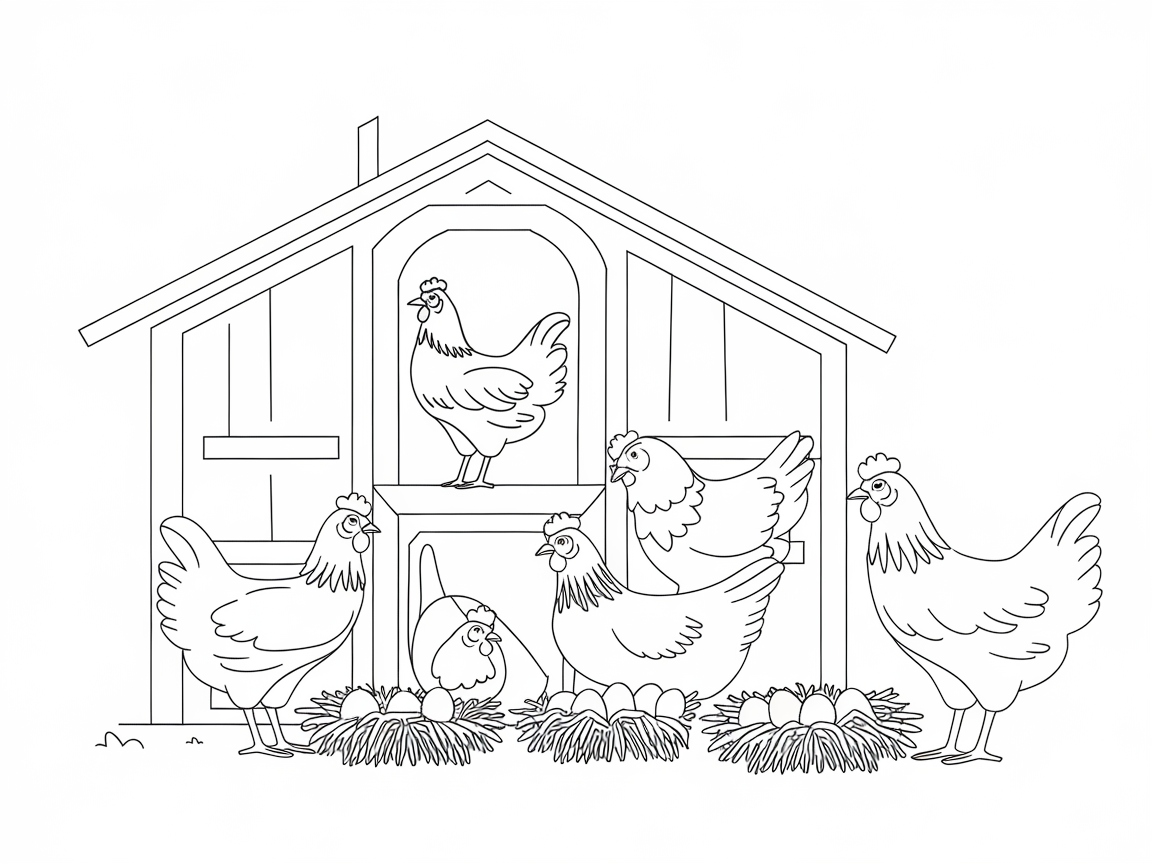 Bustling Henhouse Coloring Page