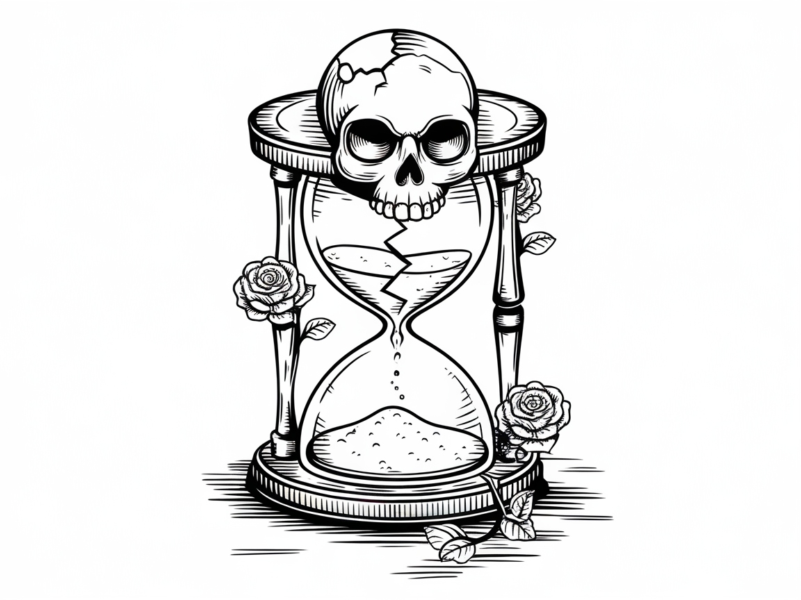 Timeless Skull with Hourglass and Roses for Thoughtful Coloring