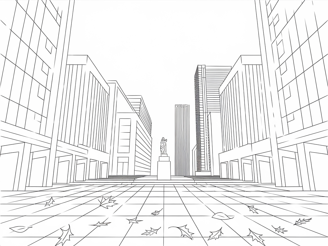 Leafy Urban Plaza Awaits Your Colorful Imagination
