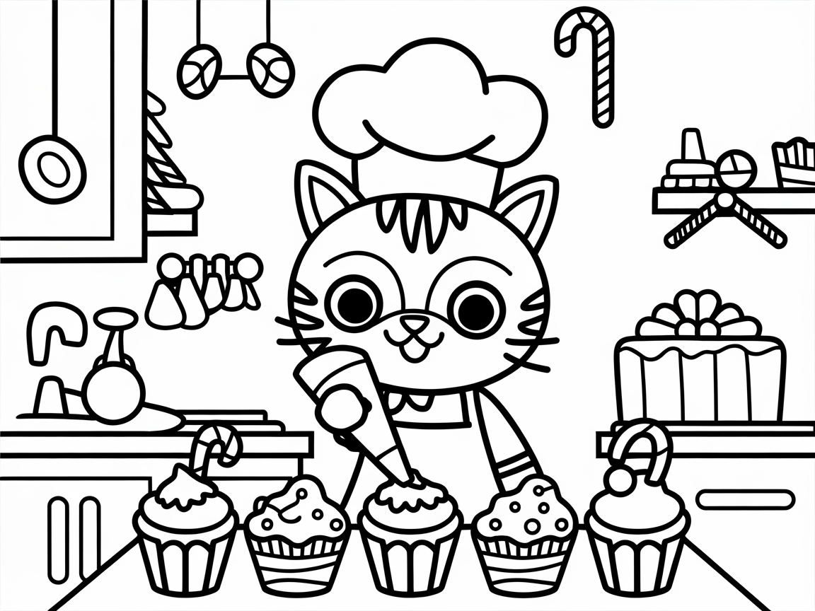 Charming Chef Cat Decorating Cupcakes