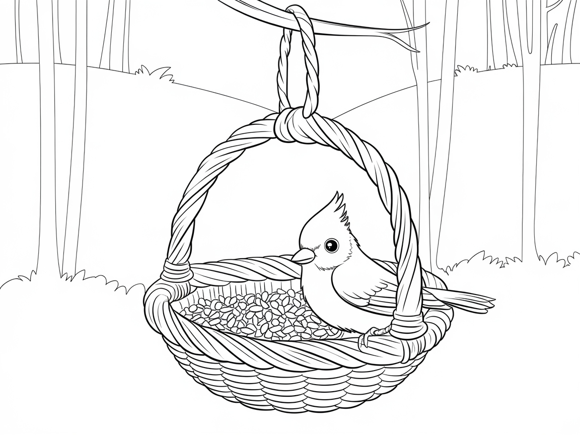 Charming Basket Bird Feeder Scene