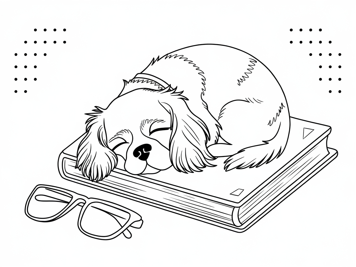 Sleepy Cavalier on a Book: Cozy Coloring Scene
