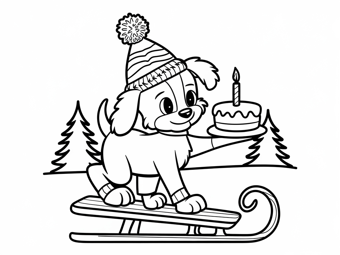 Winter Wonderland: Color This Sledding Puppy Birthday Scene