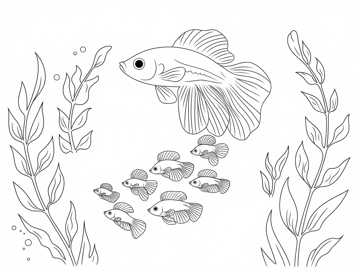 Family of Betta Fish in a Leafy Underwater Scene
