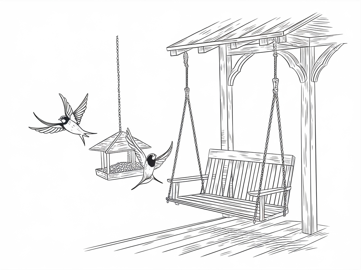 Tranquil Porch Scene with Birds and Swing