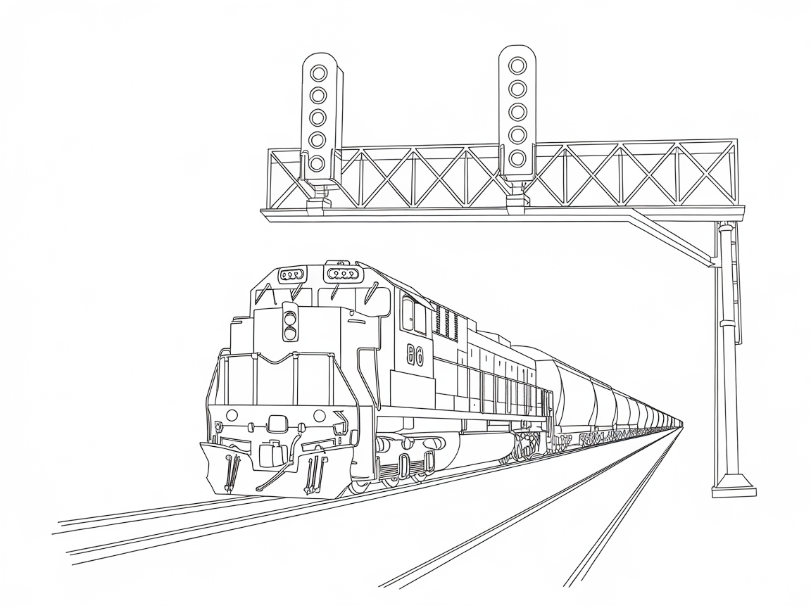 Freight Train Passing Steel Signal Bridge