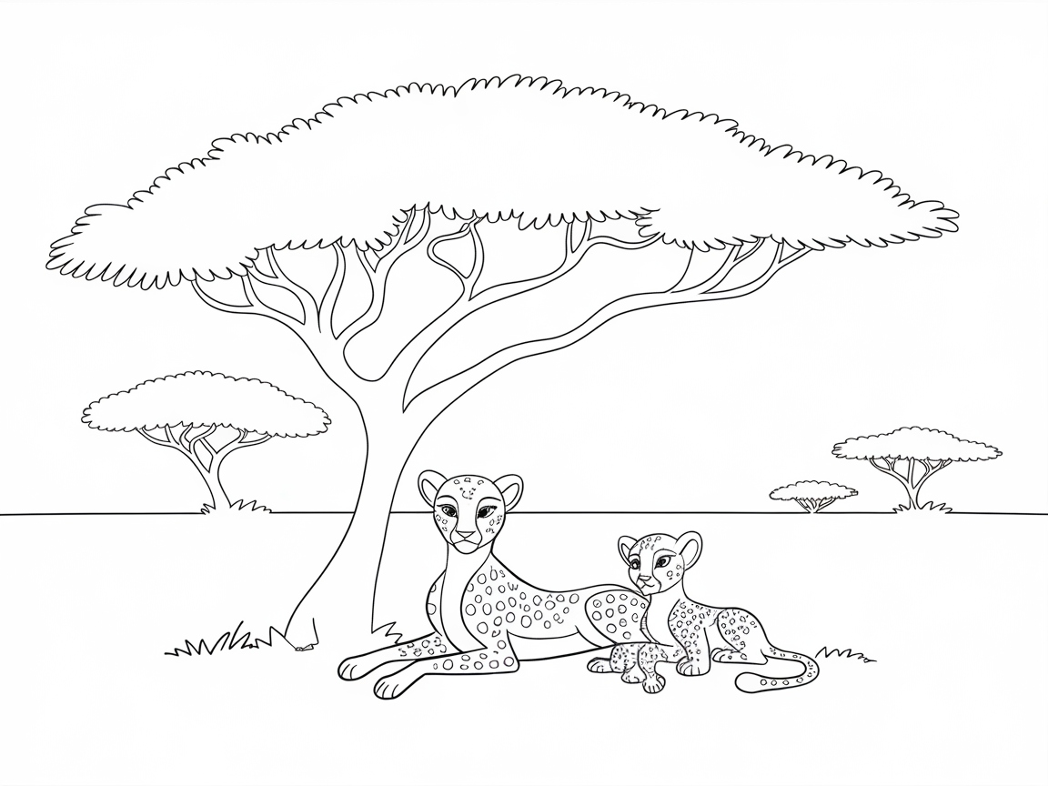 Serene Cheetah Family Under Acacia Tree