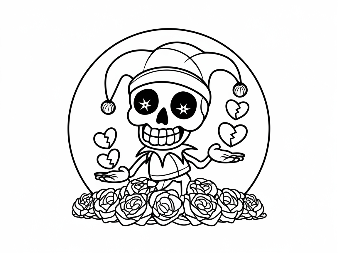 Jester Skull with Floating Hearts for Playful Coloring