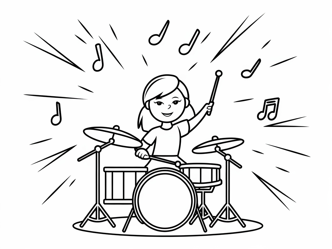 Feel the Beat with This Energetic Drummer Girl Coloring Page