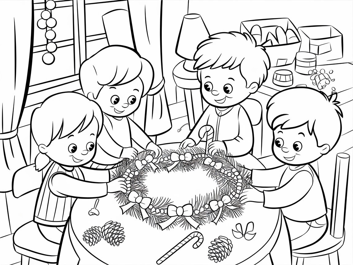 Children Crafting a Christmas Wreath Together
