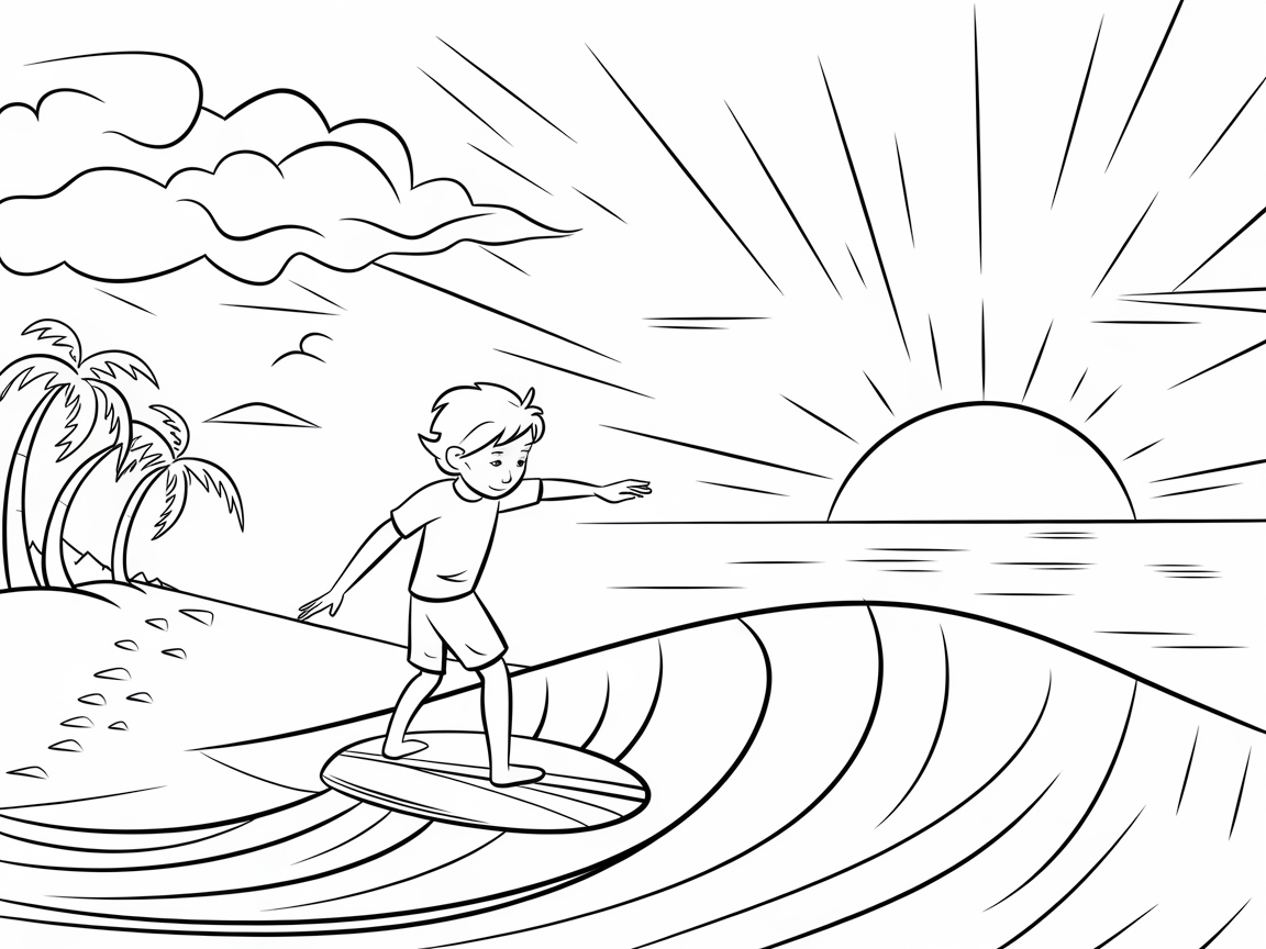 Ride the Waves with This Surfer Sunset Coloring Page