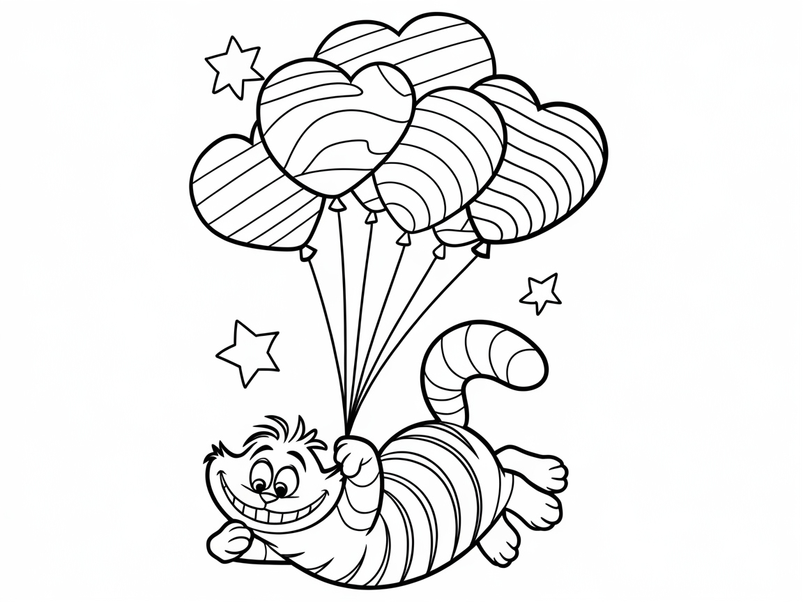 Cheshire Cat Floating with Heart Balloons