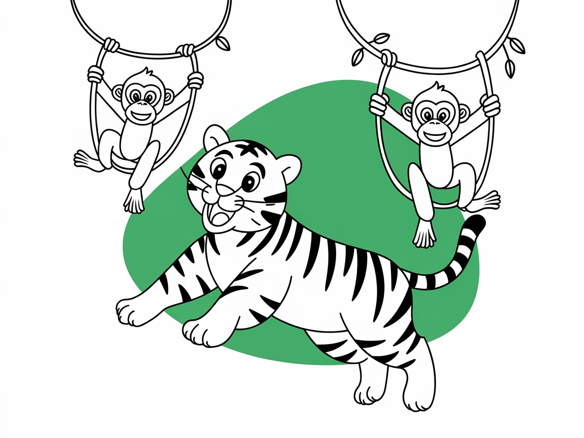 Playful Tiger Cub with Swinging Monkeys