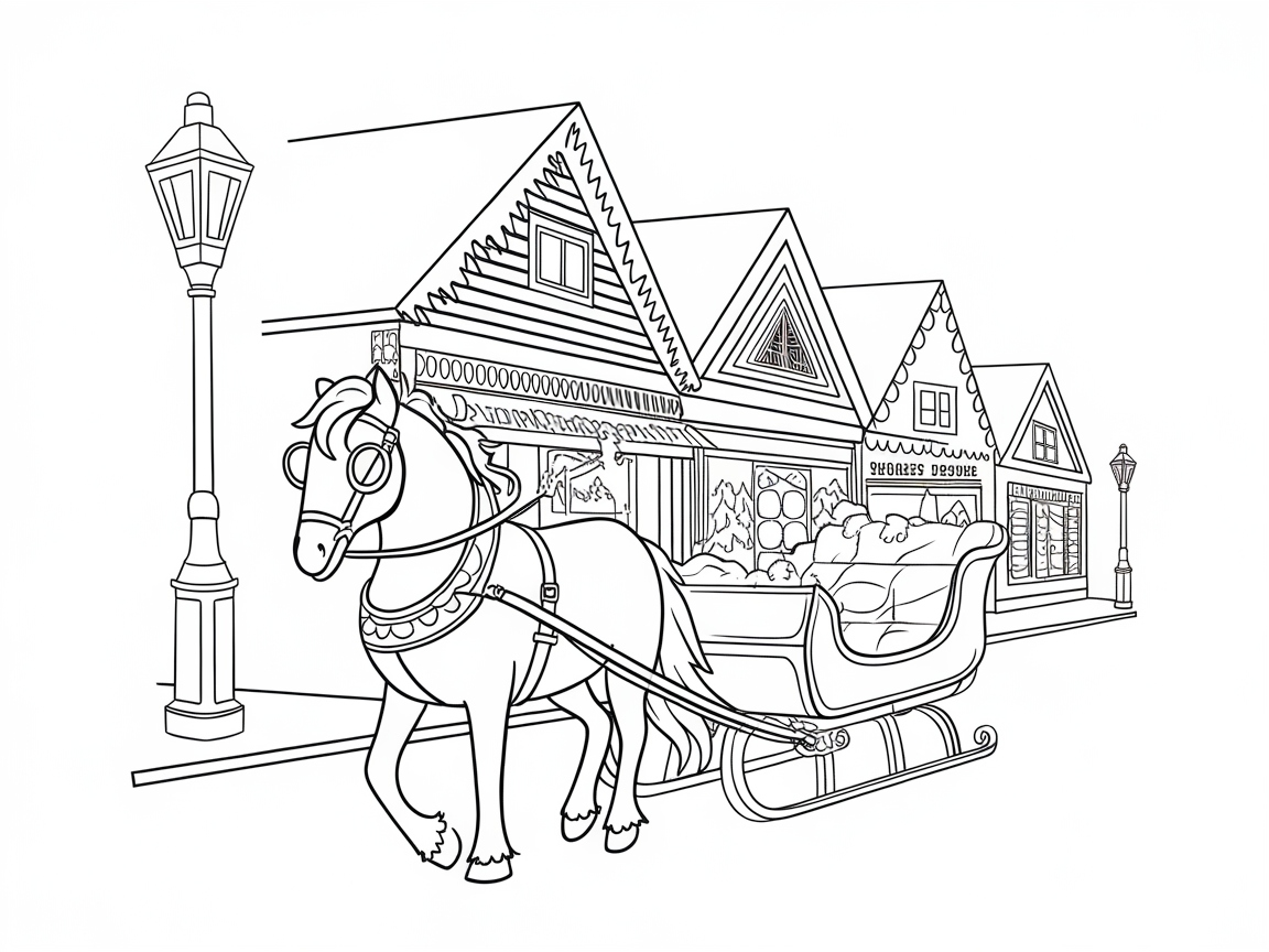 Charming Horse-Drawn Sleigh in a Holiday Village